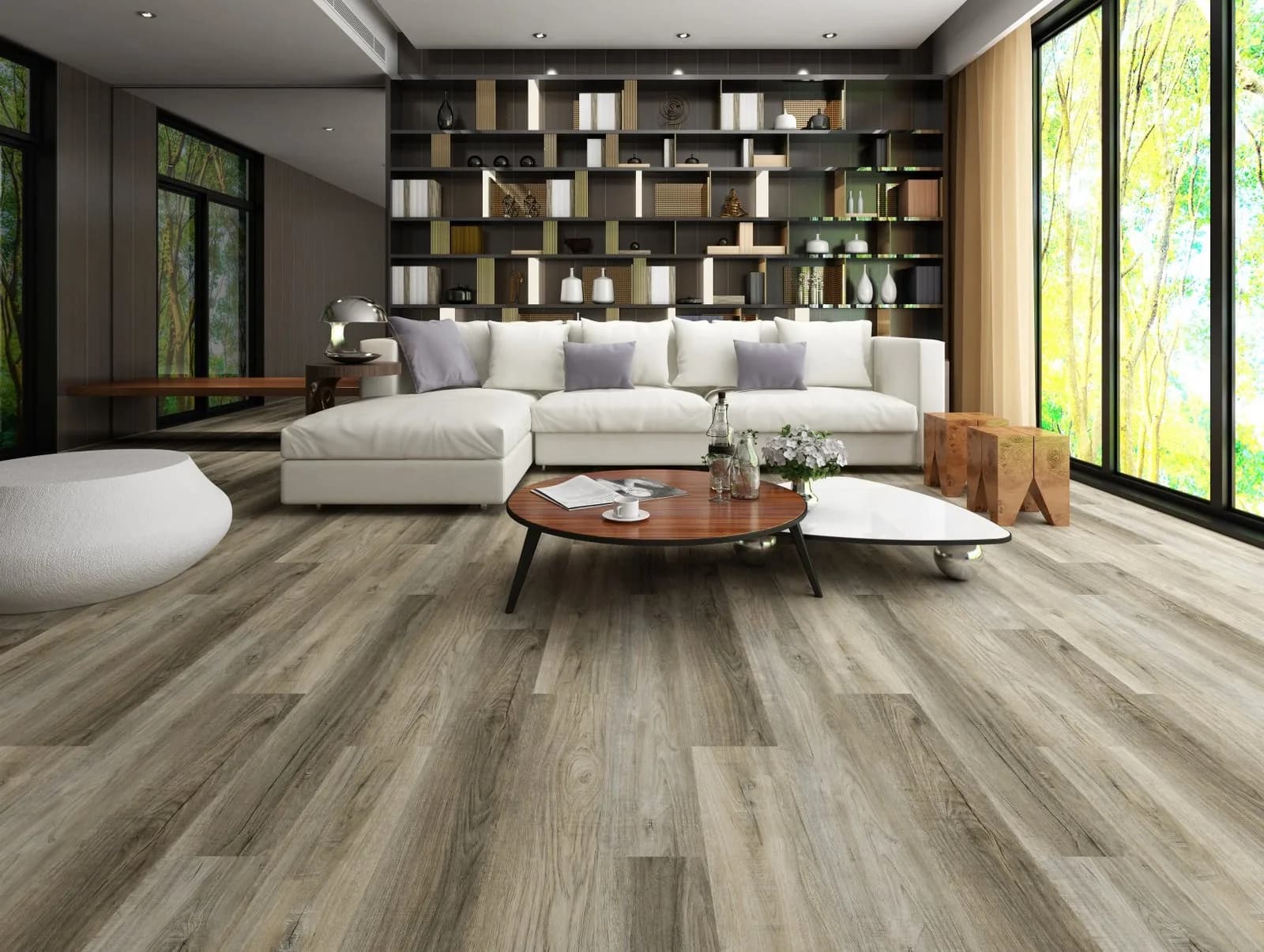 Parchet SPC Stejar Grej Inchis 7MM montat în living