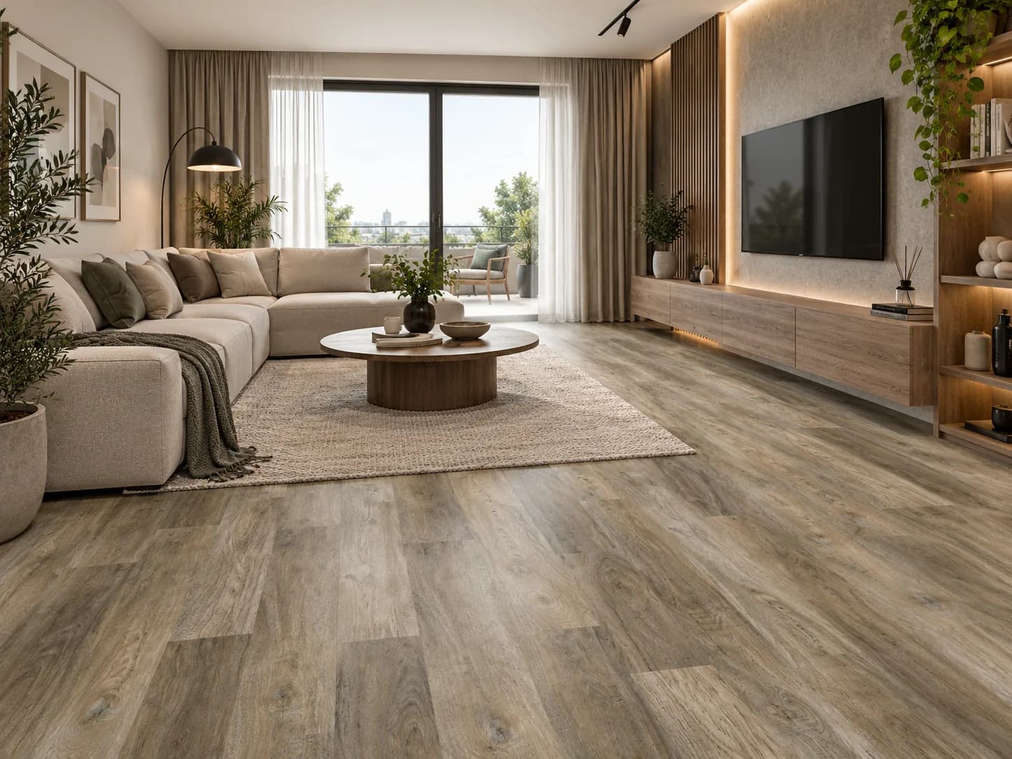Parchet SPC Stejar Grej Inchis 7MM montat în living