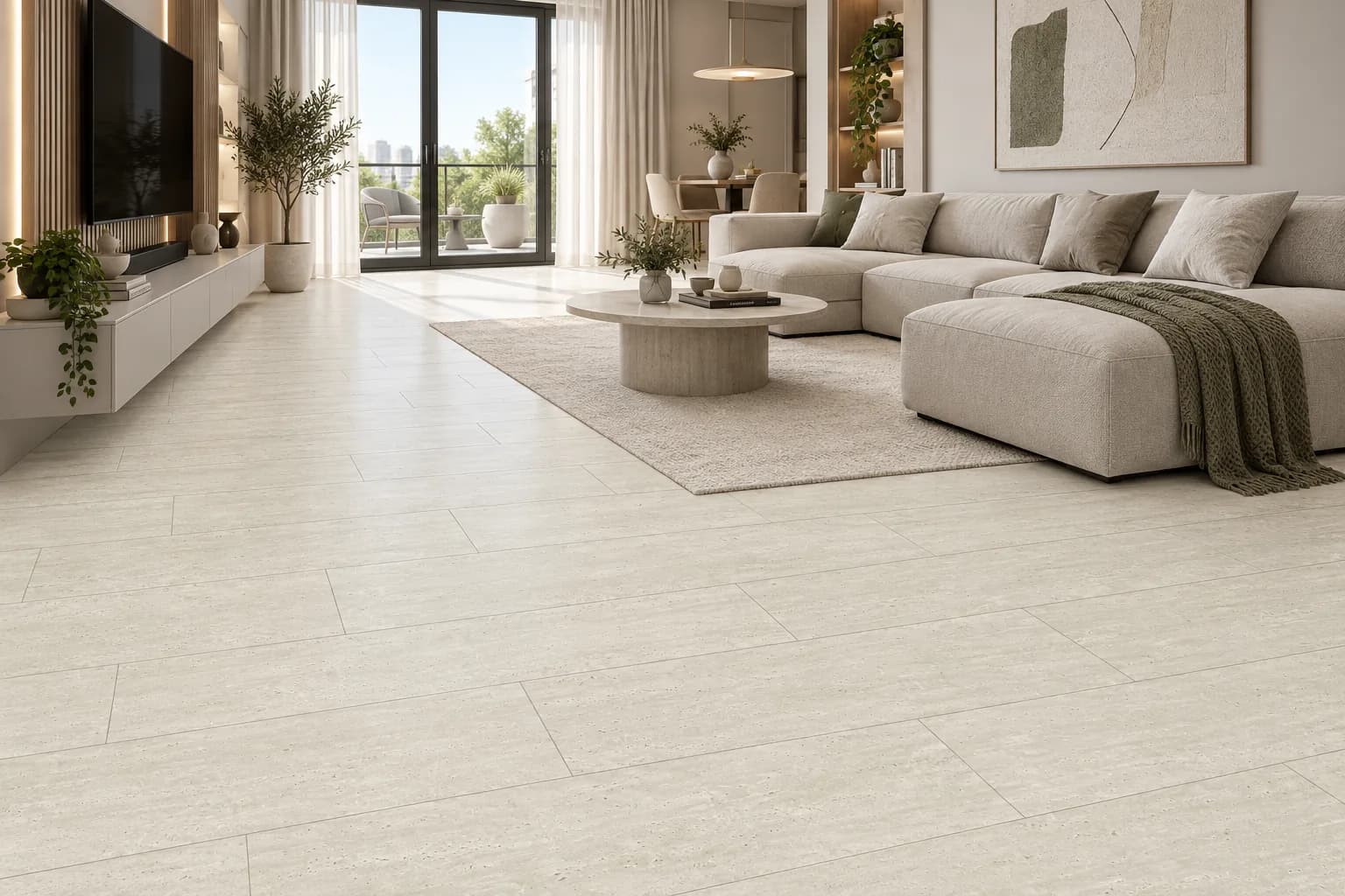 Parchet SPC Travertin Bej Deschis 5MM montat în living