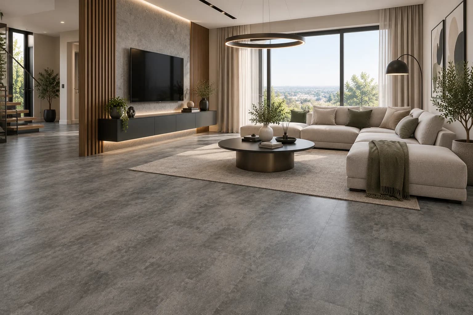 Parchet SPC Beton Antracit 5MM montat în living