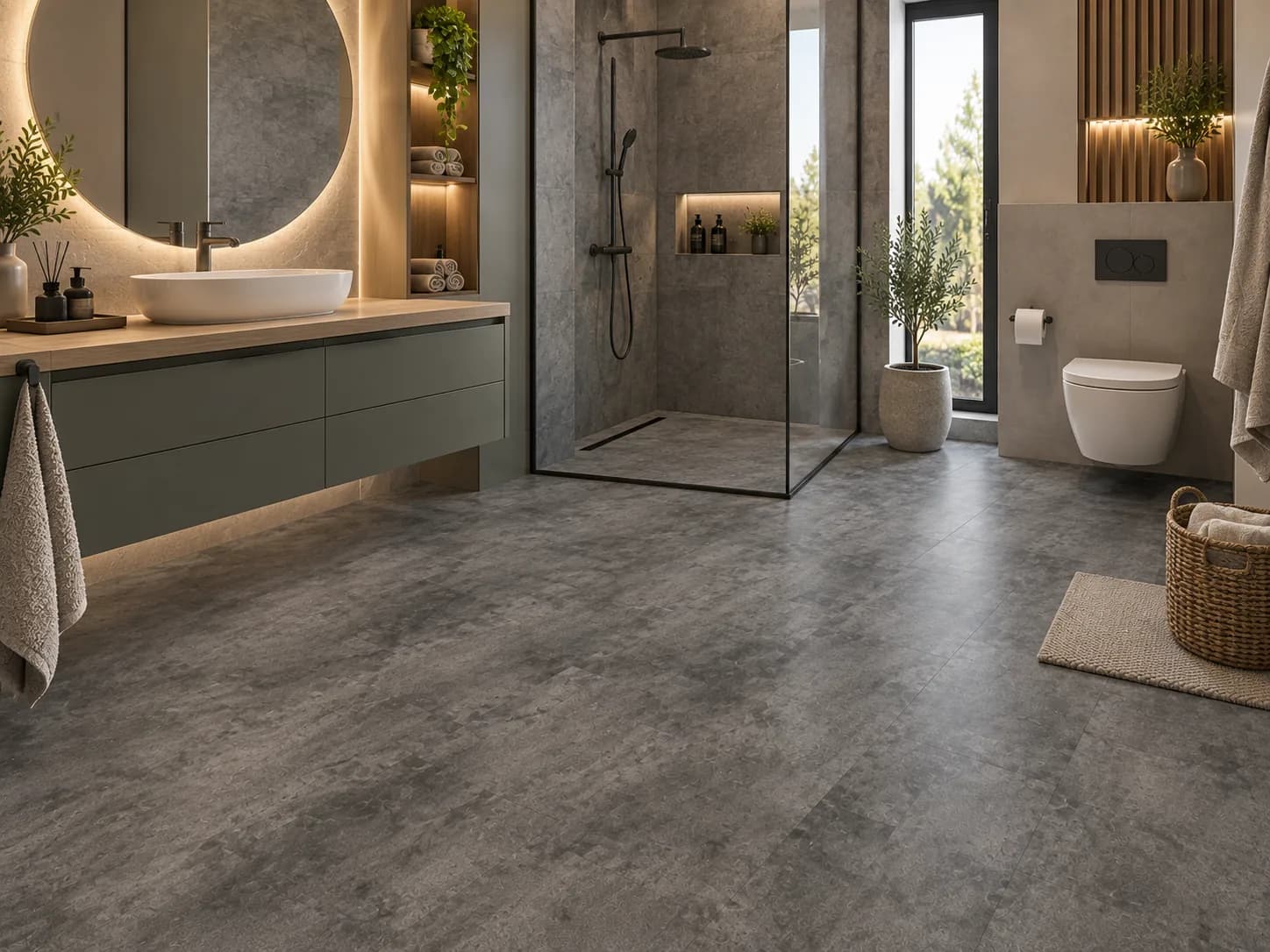 Parchet SPC Beton Antracit 5MM montat în baie