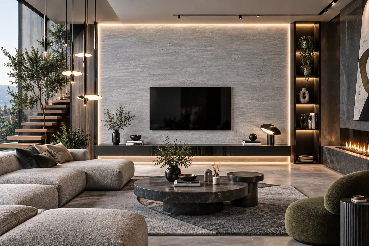 Panou SPC Travertin Gri 4MM montat în living