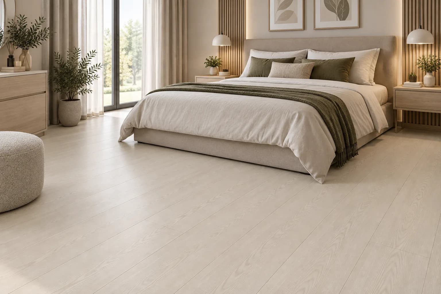 Parchet Laminat Stejar Bej Deschis 8MM montat în dormitor