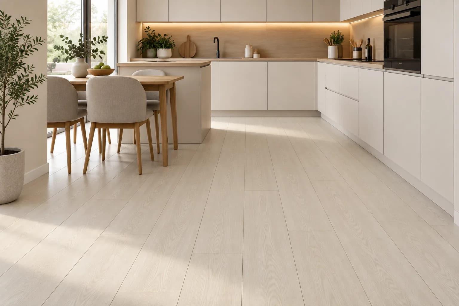 Parchet Laminat Stejar Bej Deschis 8MM montat în bucătărie