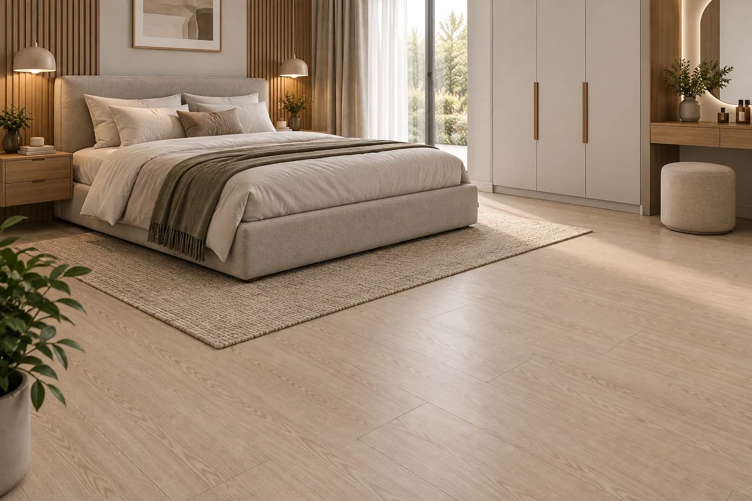 Parchet Laminat Stejar Gri 8MM montat în dormitor
