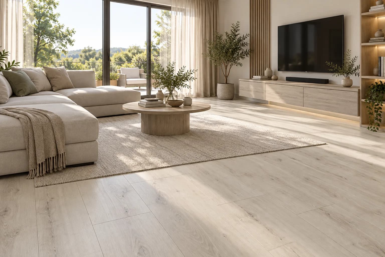 Parchet Laminat Stejar Gri 12MM montat în living