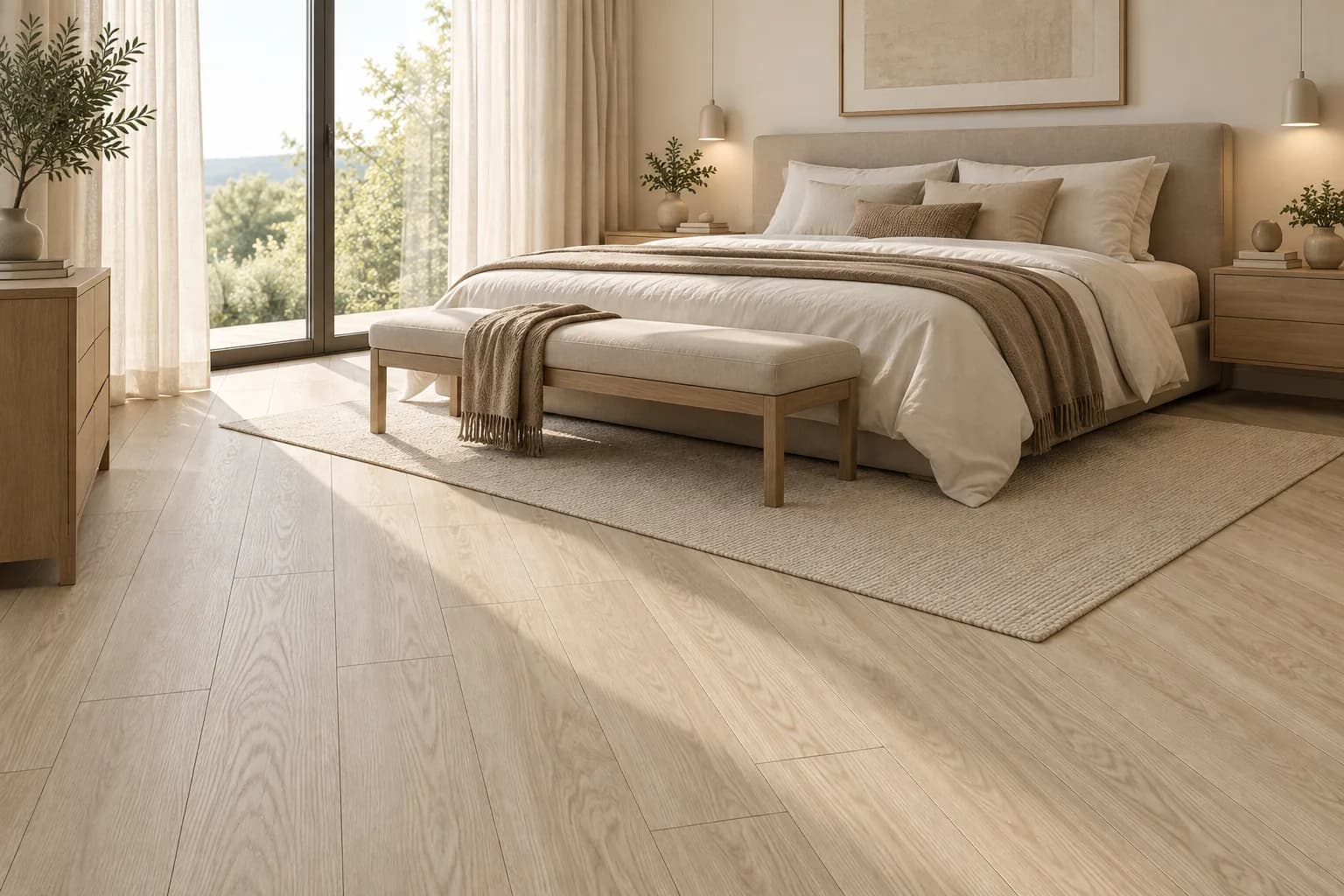 Parchet Laminat Stejar Bej 12MM montat în dormitor