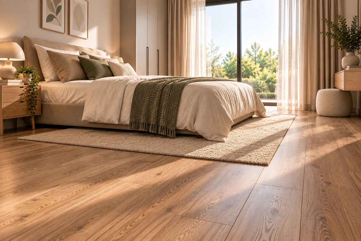 Parchet laminat cu aspect de stejar montat într-un living